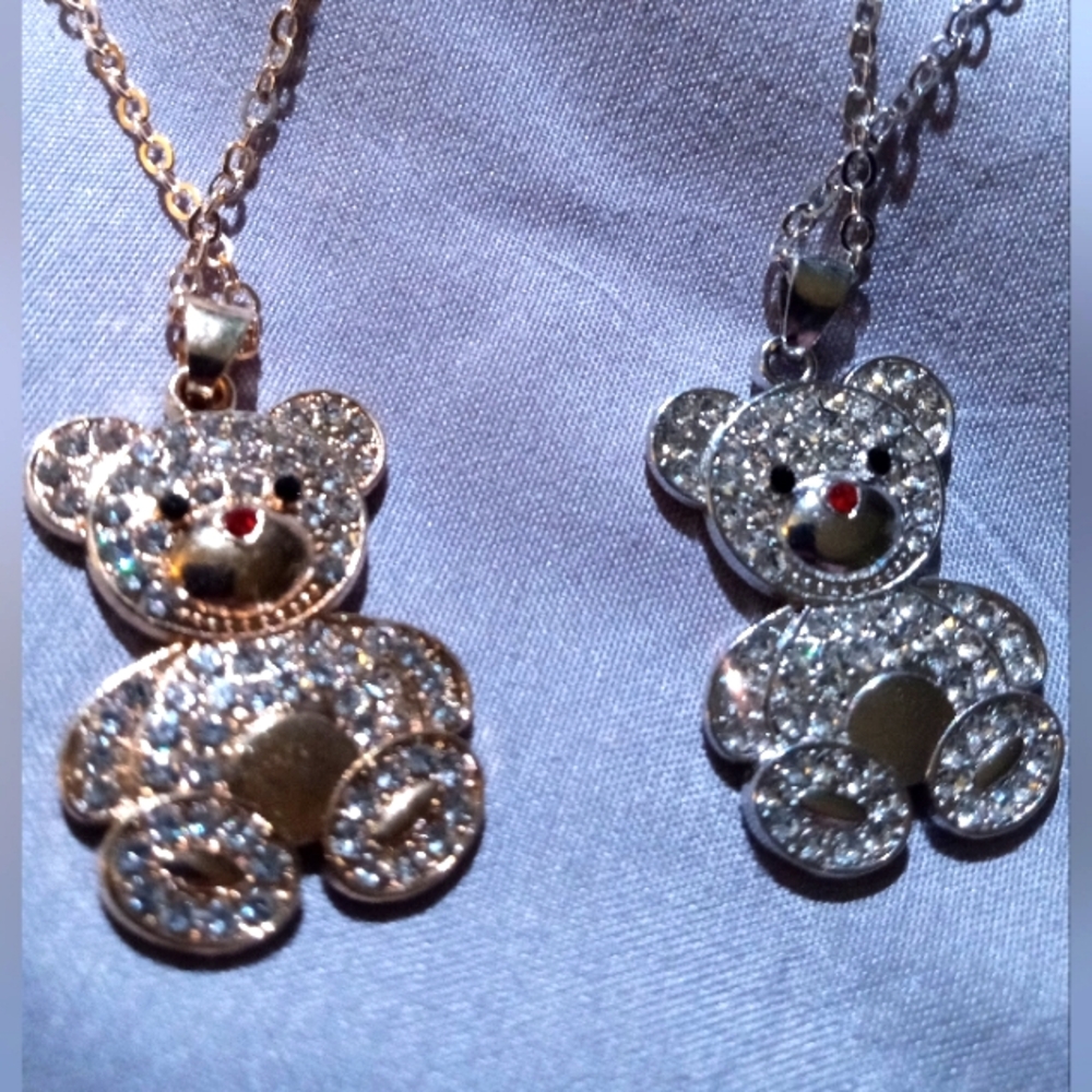 GOLD / STERLING EITHER ONE TEDDY BEAR PENDANT WHITE TOPAZ  24-IN STERLING CHAIN